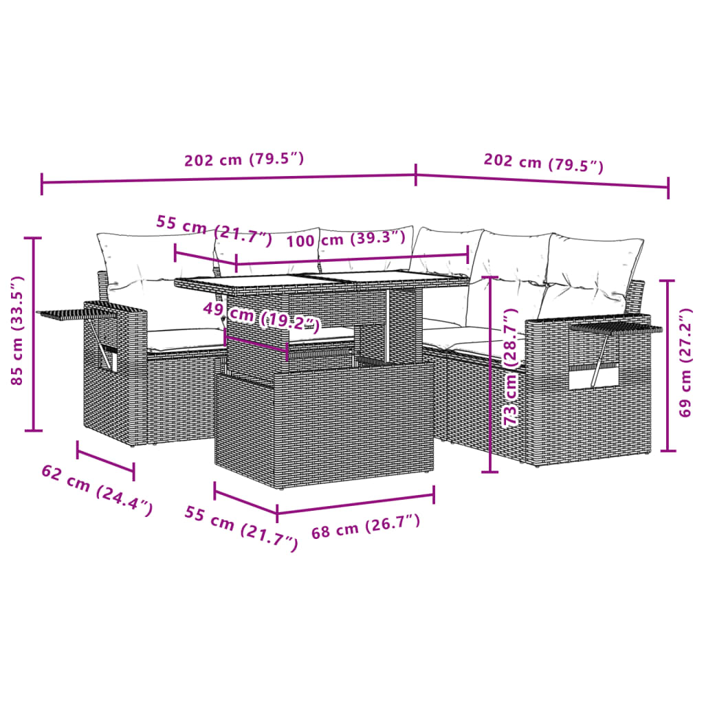 6-delige Loungeset met kussens poly rattan grijs