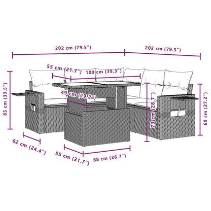 6-delige Loungeset met kussens poly rattan lichtgrijs