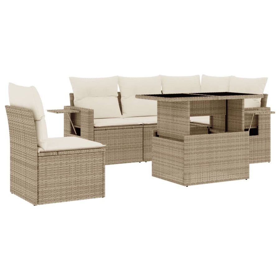 6-delige Loungeset met kussens poly rattan beige
