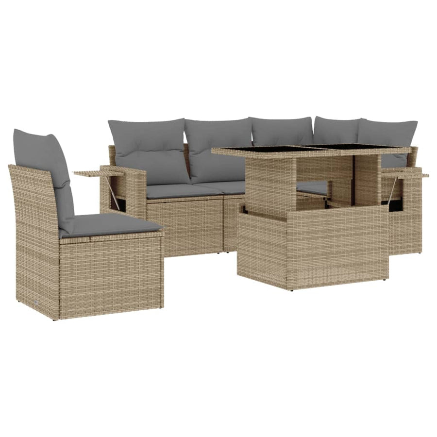 6-delige Loungeset met kussens poly rattan beige