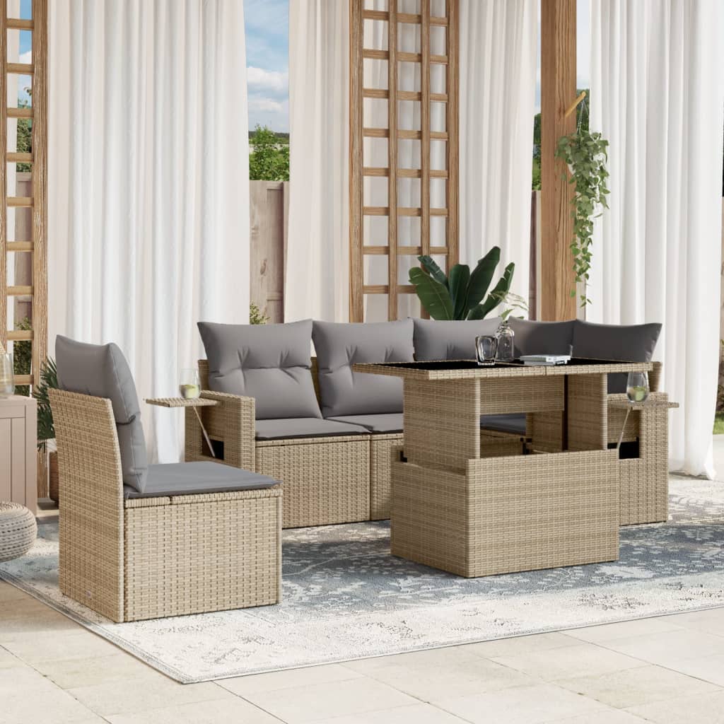 6-delige Loungeset met kussens poly rattan beige