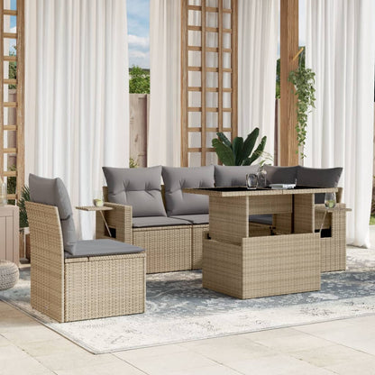6-delige Loungeset met kussens poly rattan beige