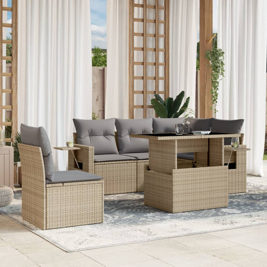 6-delige Loungeset met kussens poly rattan beige