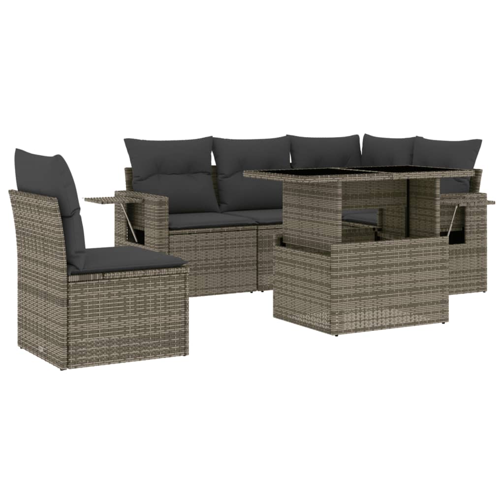 6-delige Loungeset met kussens poly rattan grijs