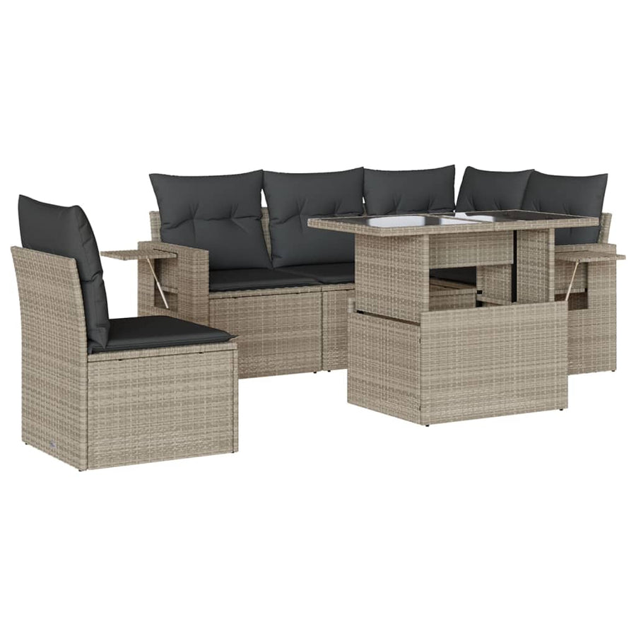 6-delige Loungeset met kussens poly rattan lichtgrijs