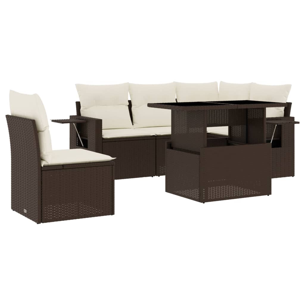 6-delige Loungeset met kussens poly rattan bruin