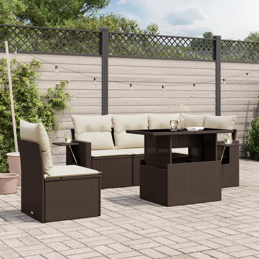 6-delige Loungeset met kussens poly rattan bruin