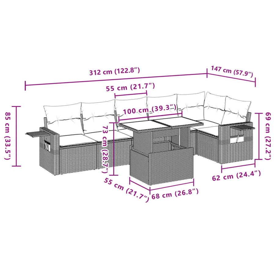 7-delige Loungeset met kussens poly rattan zwart