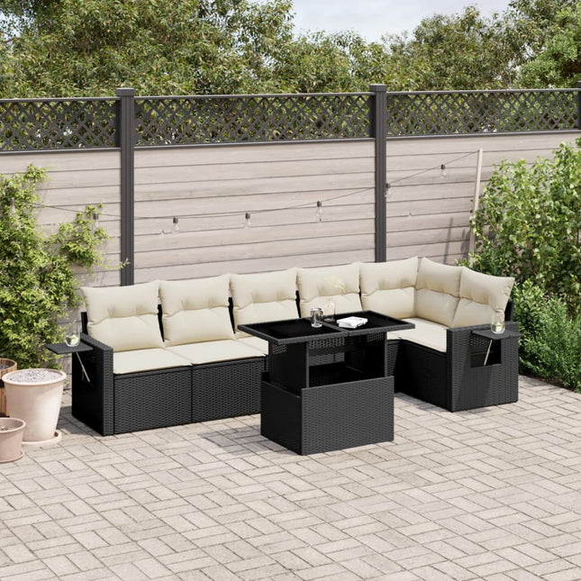 7-delige Loungeset met kussens poly rattan zwart