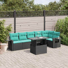 7-piece garden sofa set with cushions in black poly rattan