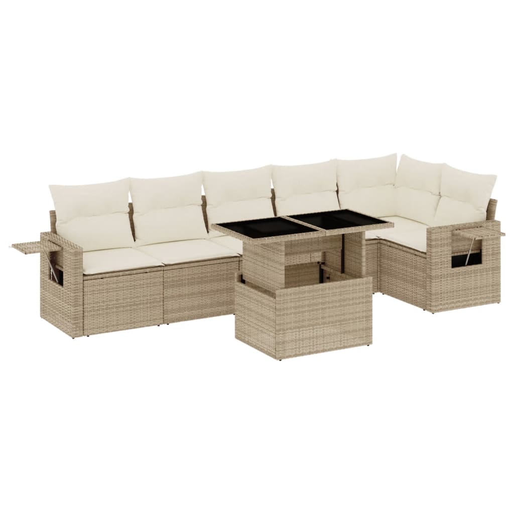 7-delige Loungeset met kussens poly rattan beige