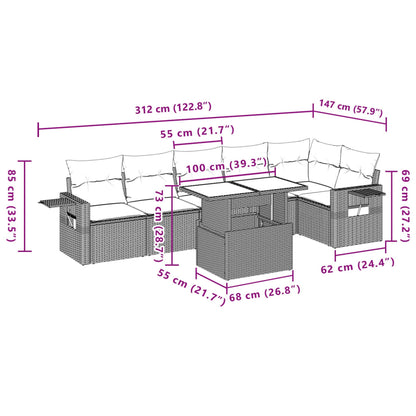 7-delige Loungeset met kussens poly rattan beige
