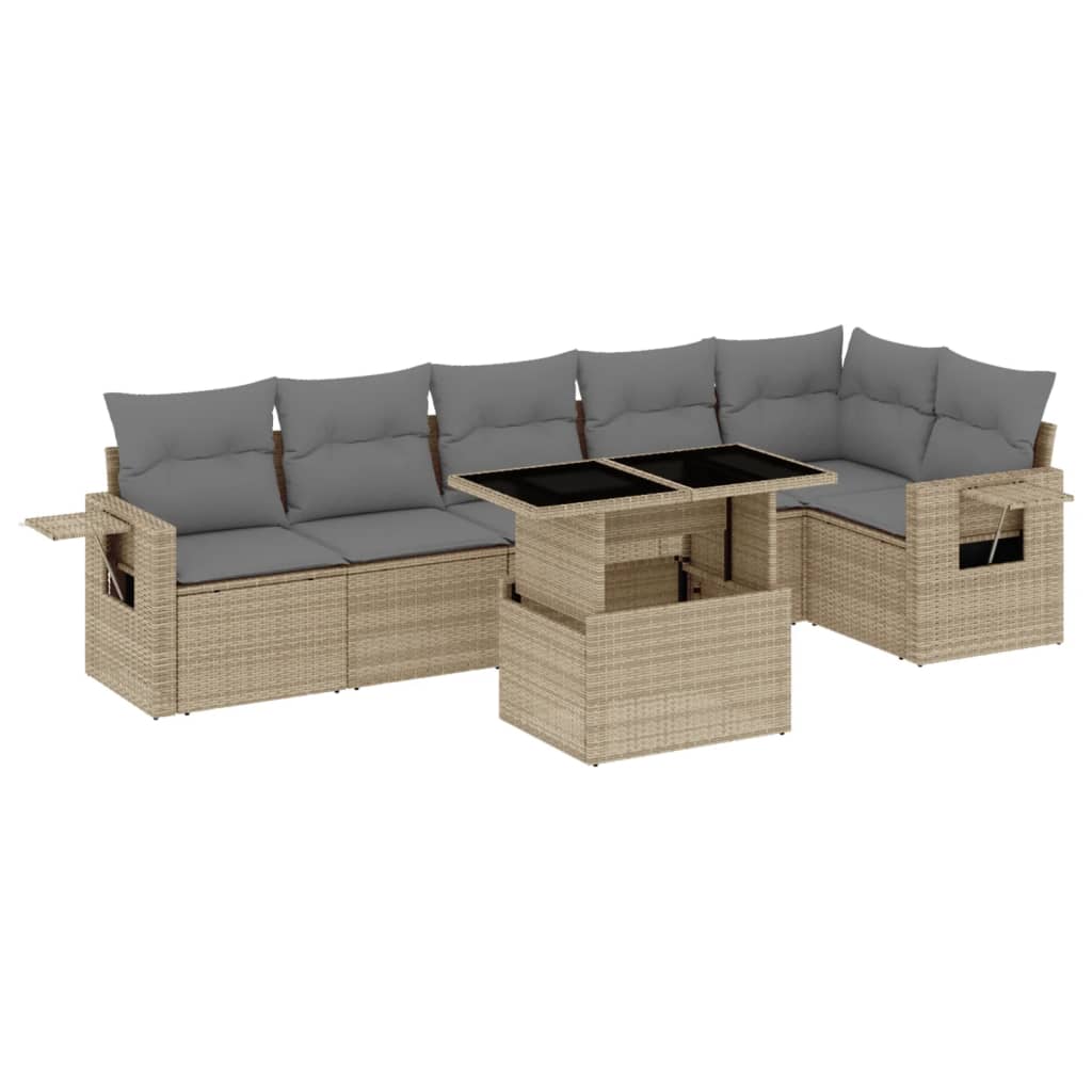 7-delige Loungeset met kussens poly rattan beige
