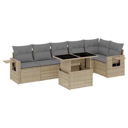 7-delige Loungeset met kussens poly rattan beige
