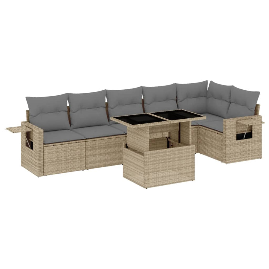 7-delige Loungeset met kussens poly rattan beige