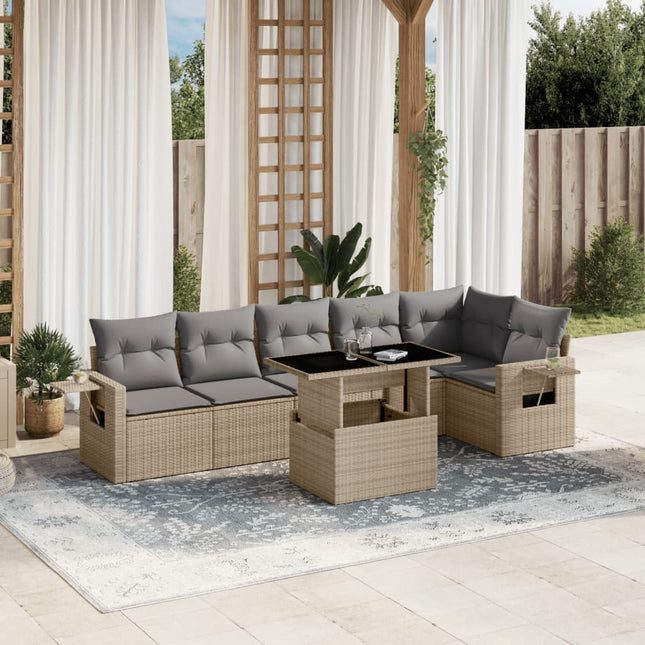 7-delige Loungeset met kussens poly rattan beige