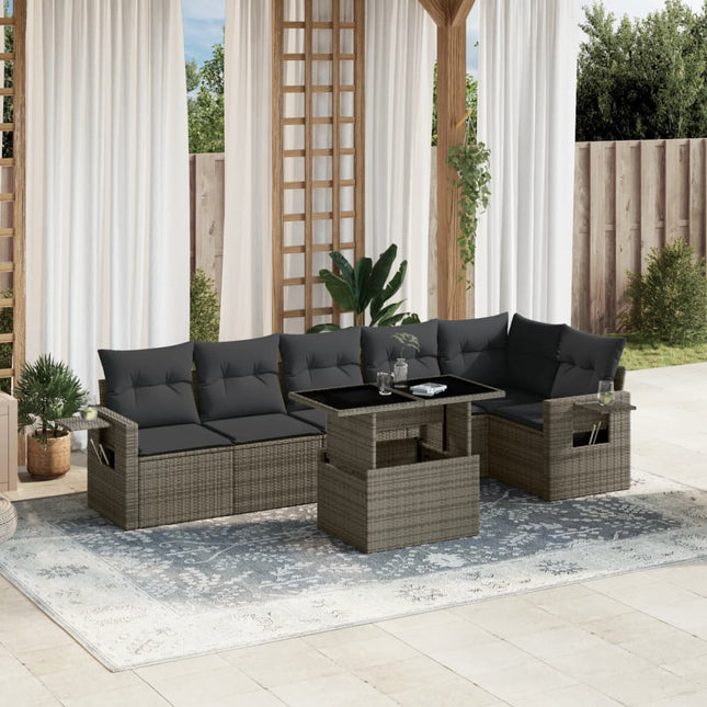 7-delige Loungeset met kussens poly rattan grijs