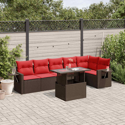 7-delige tuinbankset met kussens, bruin polyrotan
