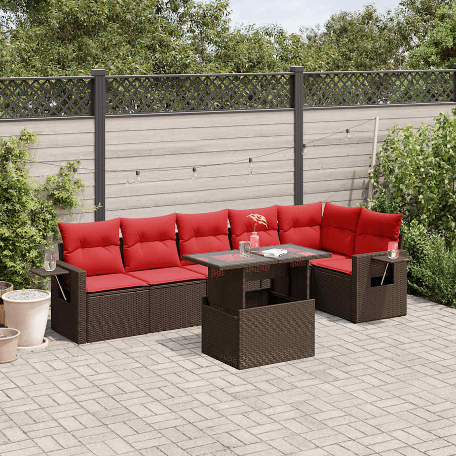 7-delige tuinbankset met kussens, bruin polyrotan