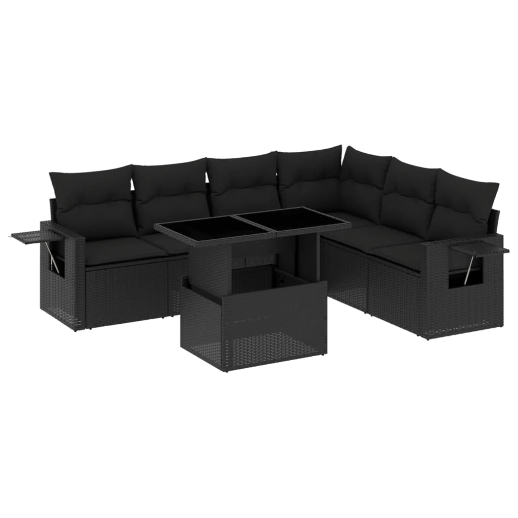 7-delige Loungeset met kussens poly rattan zwart
