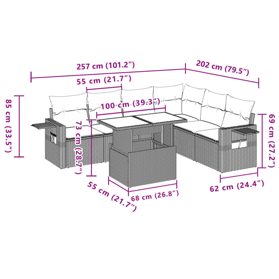 7-delige Loungeset met kussens poly rattan zwart