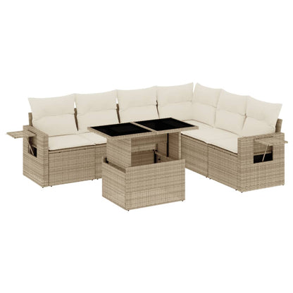 7-delige Loungeset met kussens poly rattan beige