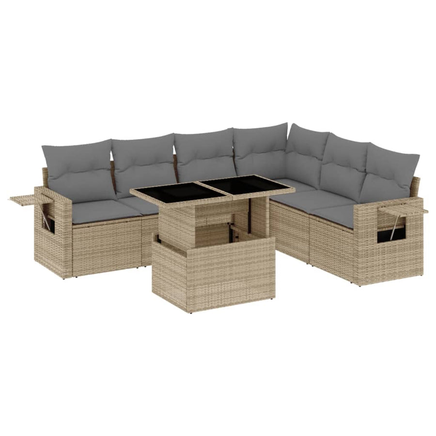 7-delige Loungeset met kussens poly rattan beige