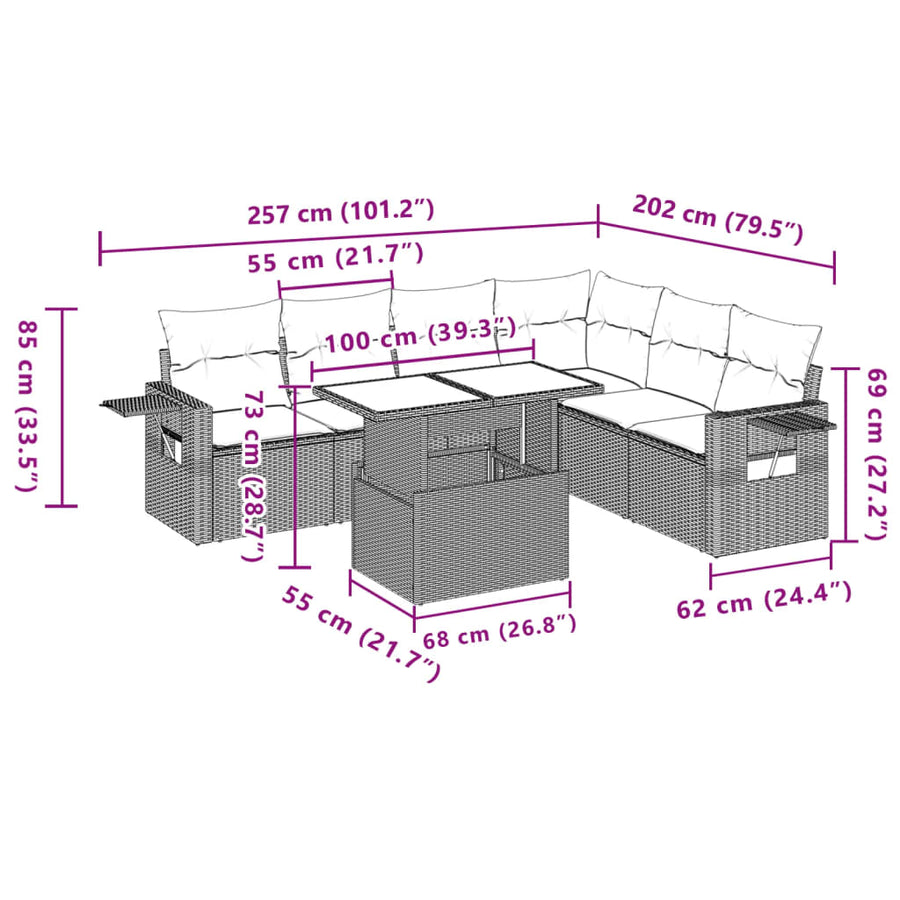 7-delige Loungeset met kussens poly rattan beige