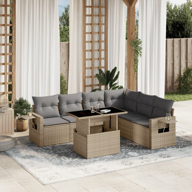 7-delige Loungeset met kussens poly rattan beige