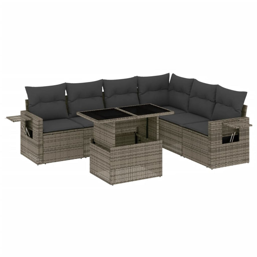 7-delige Loungeset met kussens poly rattan grijs