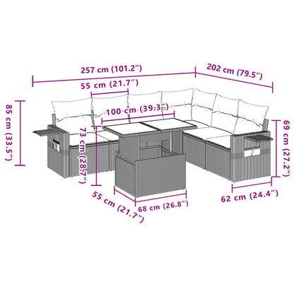 7-delige Loungeset met kussens poly rattan grijs