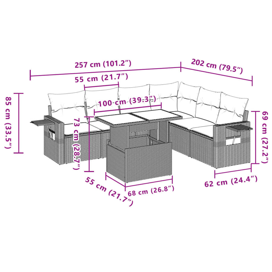 7-delige Loungeset met kussens poly rattan grijs