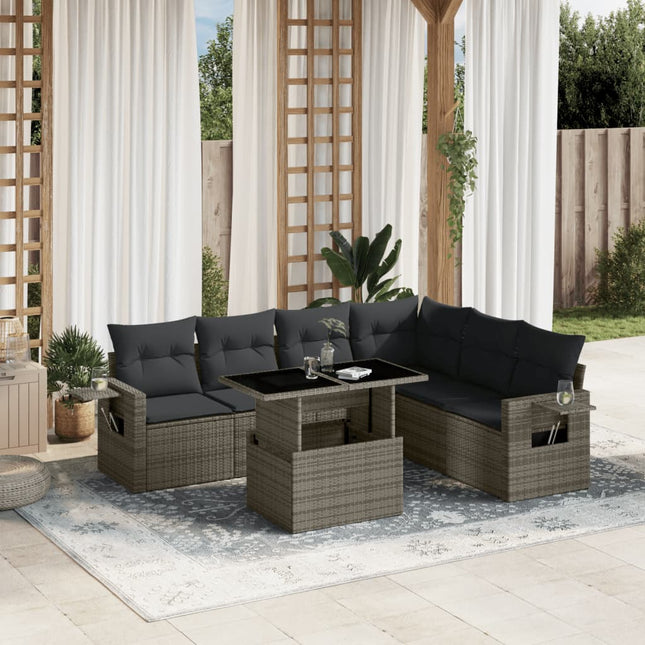 7-delige Loungeset met kussens poly rattan grijs