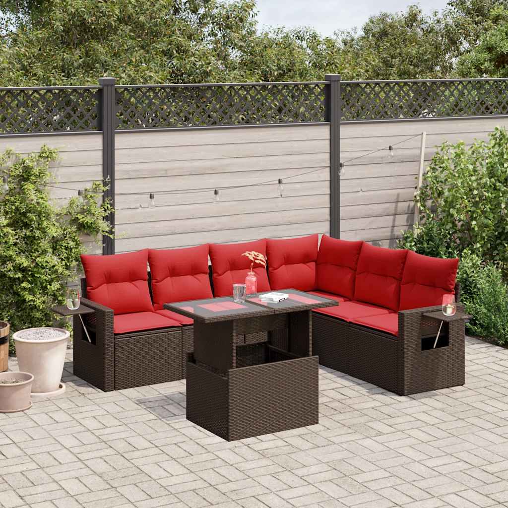 7-delige tuinbankset met kussens, bruin polyrotan