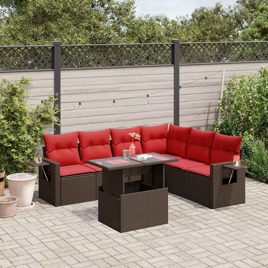 7-delige tuinbankset met kussens, bruin polyrotan