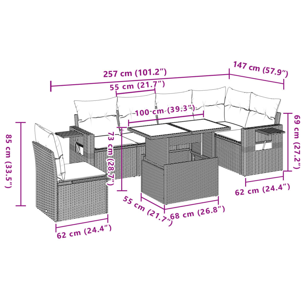 7-delige Loungeset met kussens poly rattan zwart
