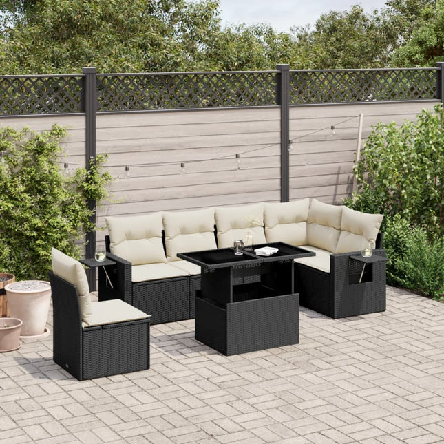 7-delige Loungeset met kussens poly rattan zwart