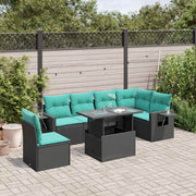 7-piece garden sofa set with cushions in black poly rattan