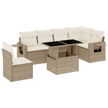 7-delige Loungeset met kussens poly rattan beige