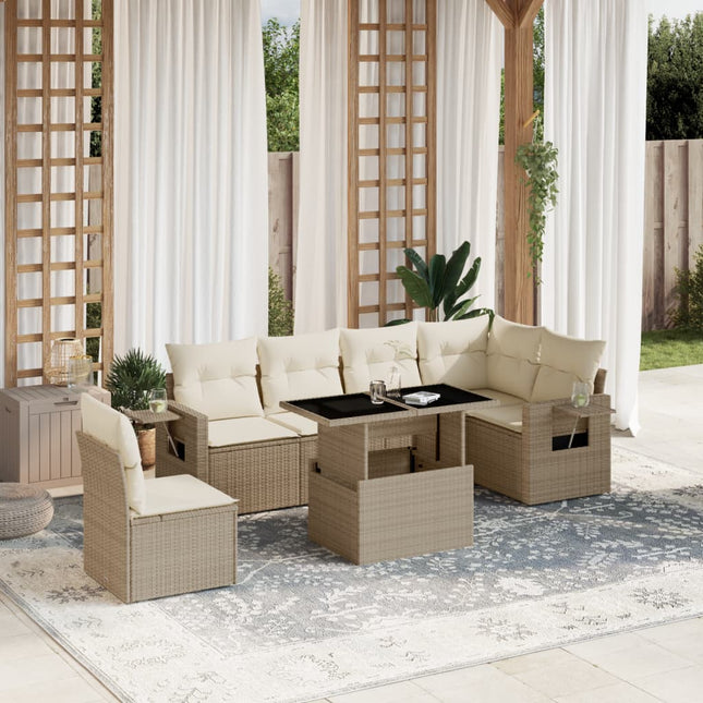 7-delige Loungeset met kussens poly rattan beige