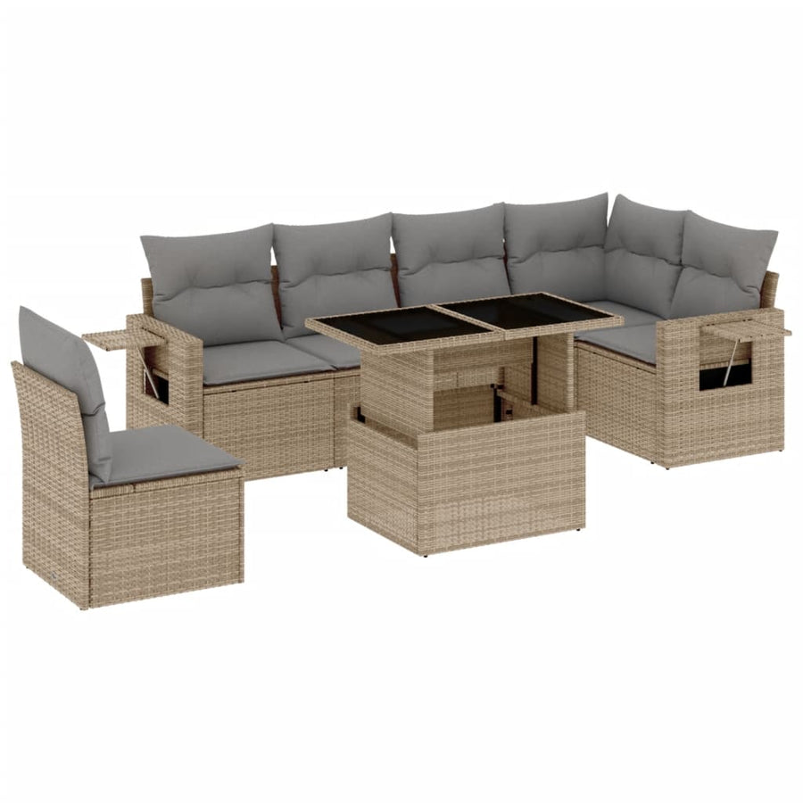 7-delige Loungeset met kussens poly rattan beige