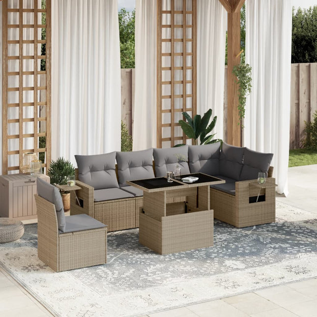 7-delige Loungeset met kussens poly rattan beige