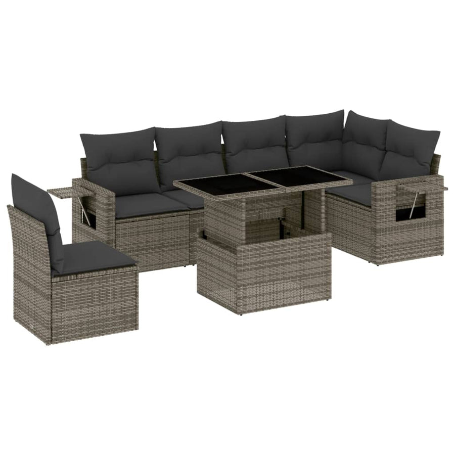 7-delige Loungeset met kussens poly rattan grijs