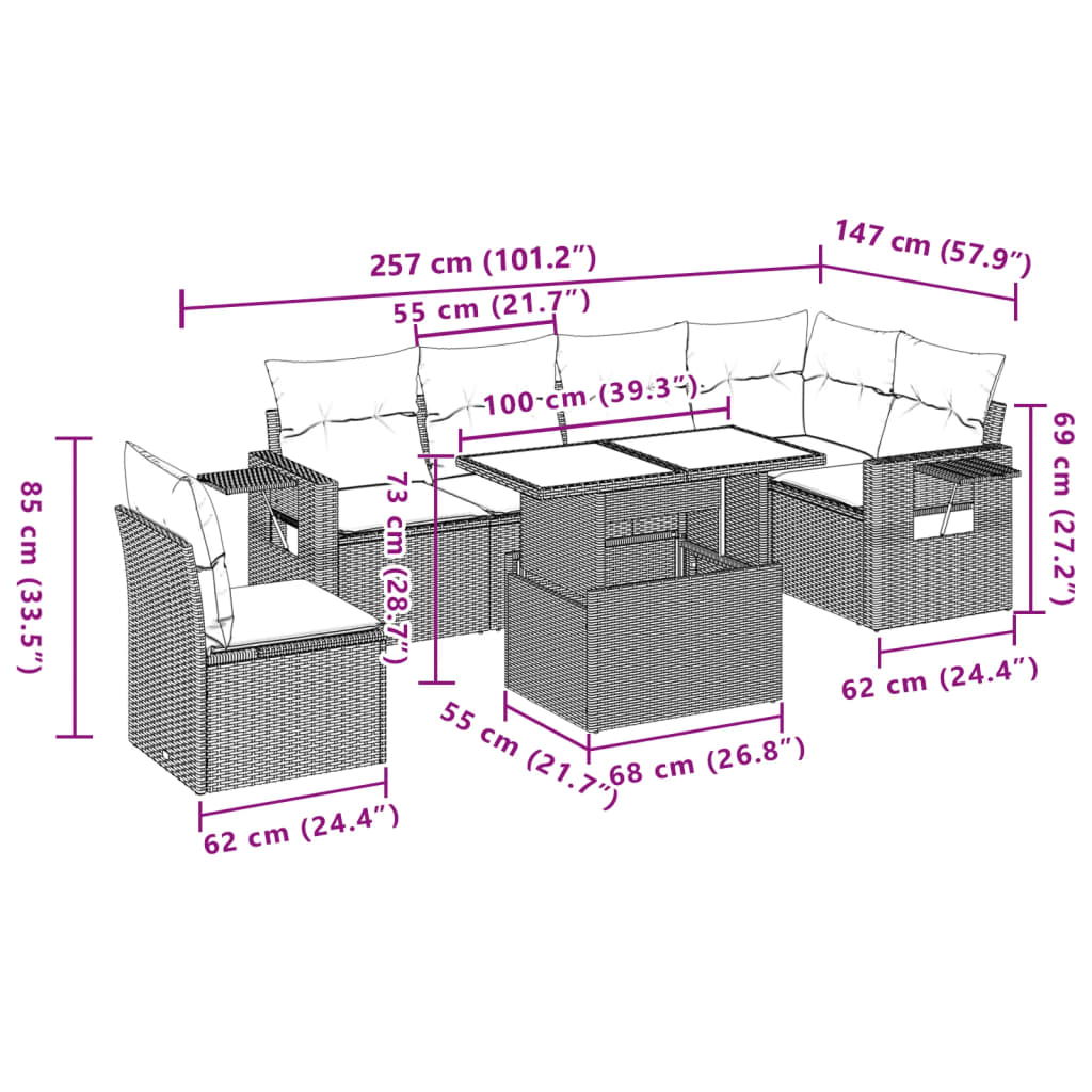 7-delige Loungeset met kussens poly rattan grijs