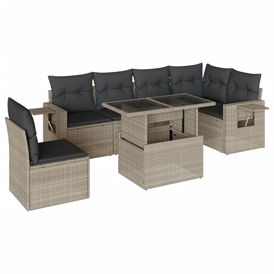 7-delige Loungeset met kussens poly rattan lichtgrijs