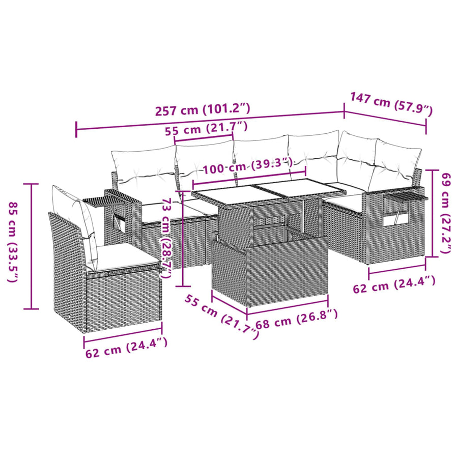 7-delige Loungeset met kussens poly rattan lichtgrijs