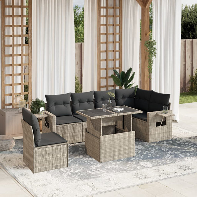 7-delige Loungeset met kussens poly rattan lichtgrijs