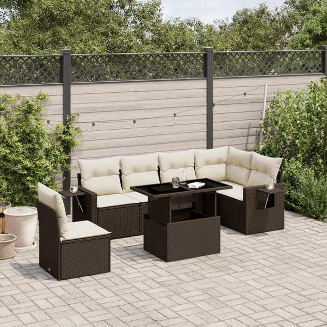 7-delige Loungeset met kussens poly rattan bruin