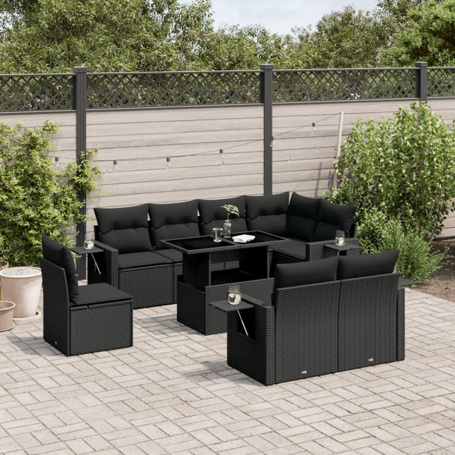 9-delige Loungeset met kussens poly rattan zwart