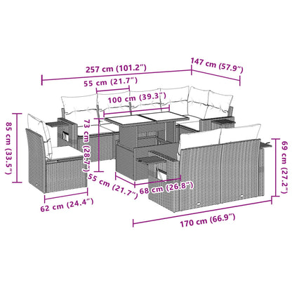 9-delige Loungeset met kussens poly rattan zwart